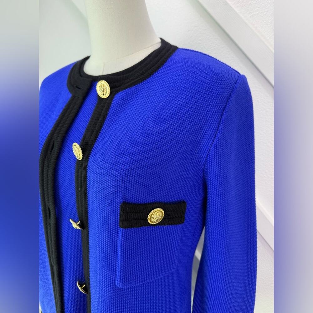 Vintage Worldly Things Styltricot Wool Sweater Jacket Blue Gold Lion Buttons 8 - Picture 2 of 14
